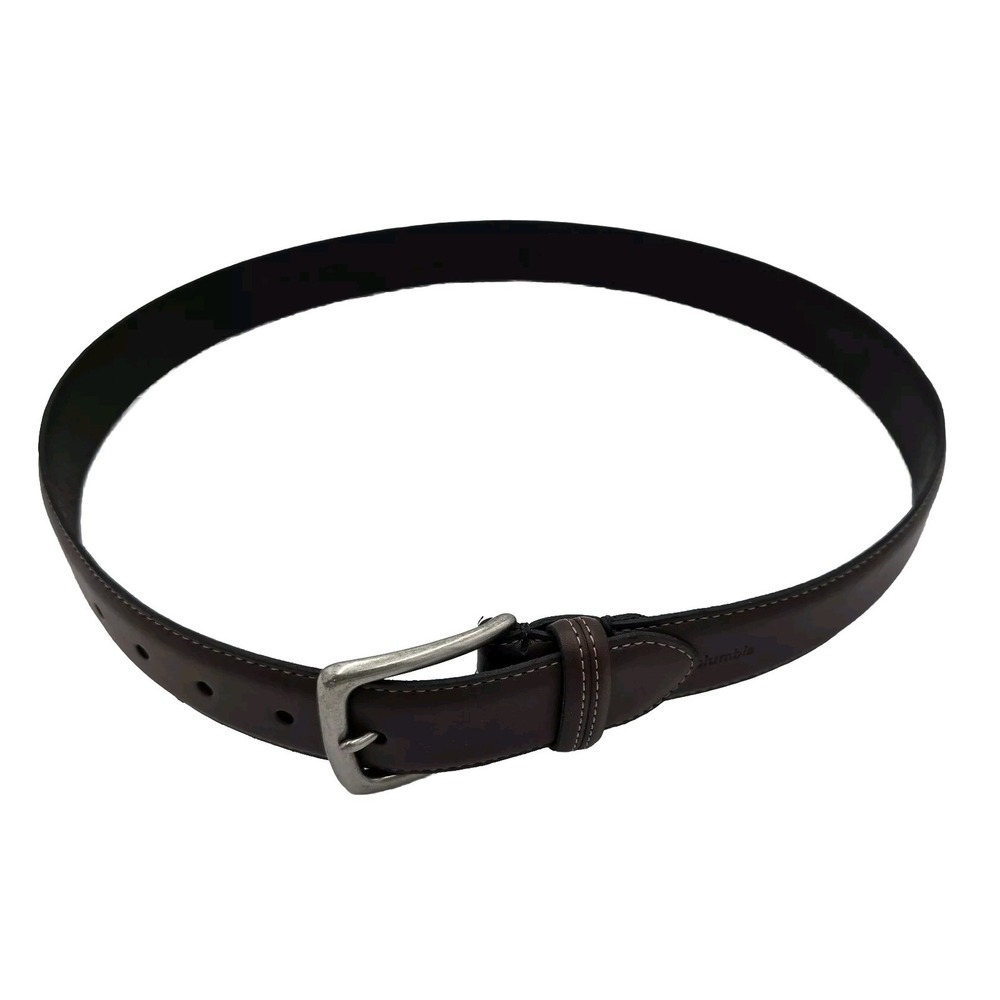 Columbia Belt Mens 43.5" Leather Dark Brown EUC Contrast Stitch Silver Buckle